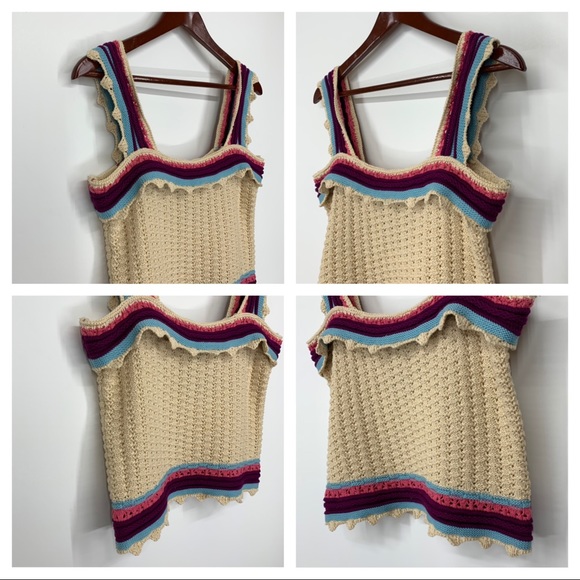Andrew Marc New York Cream Crocheted Ruffle Stripe Boho Knit Tank Top New Nwt - Picture 4 of 16